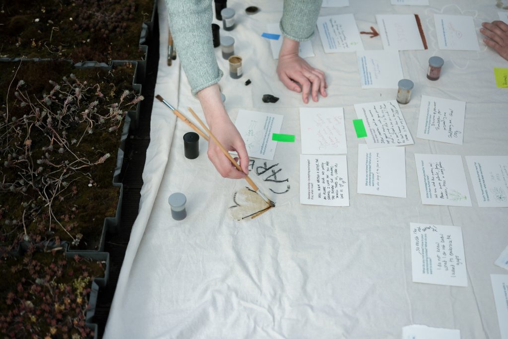 Hand painting on fabric beside handwritten notes and small soil samples.