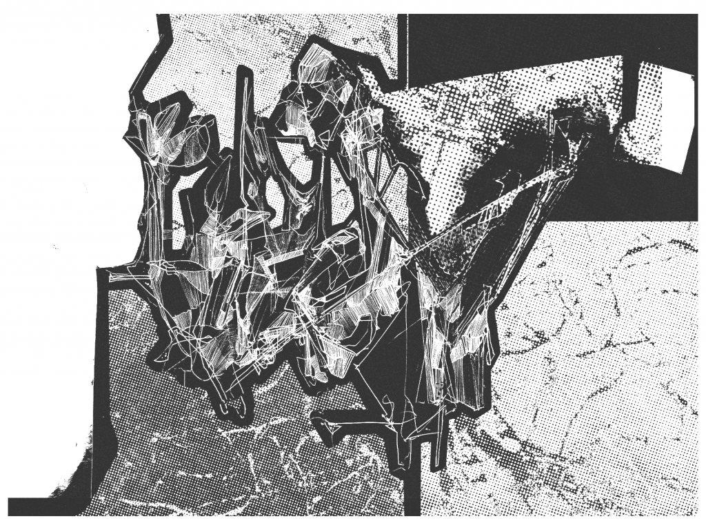 Abstract black-and-white drawing with layered geometric and organic lines, showing different textures.