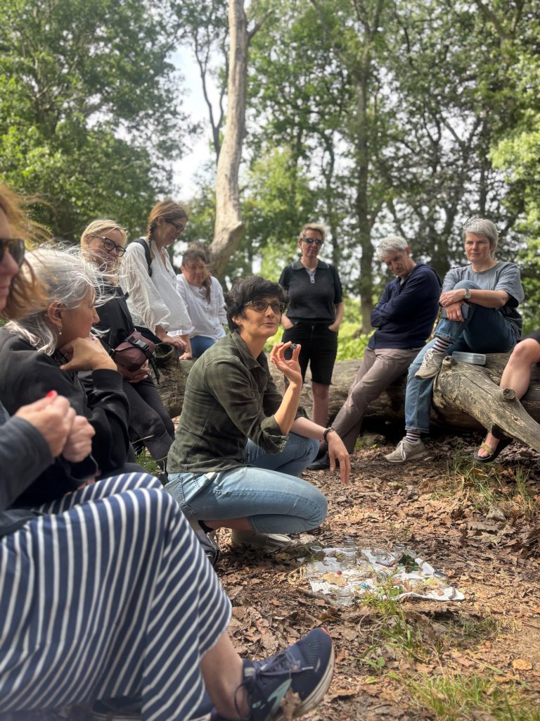 Participants seated in a circle in the woods, engaged in group reflection and discussion.