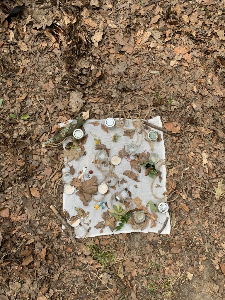 A white cloth laid on the forest floor displaying a collection of found natural materials including moss, leaves, stones, and twigs.